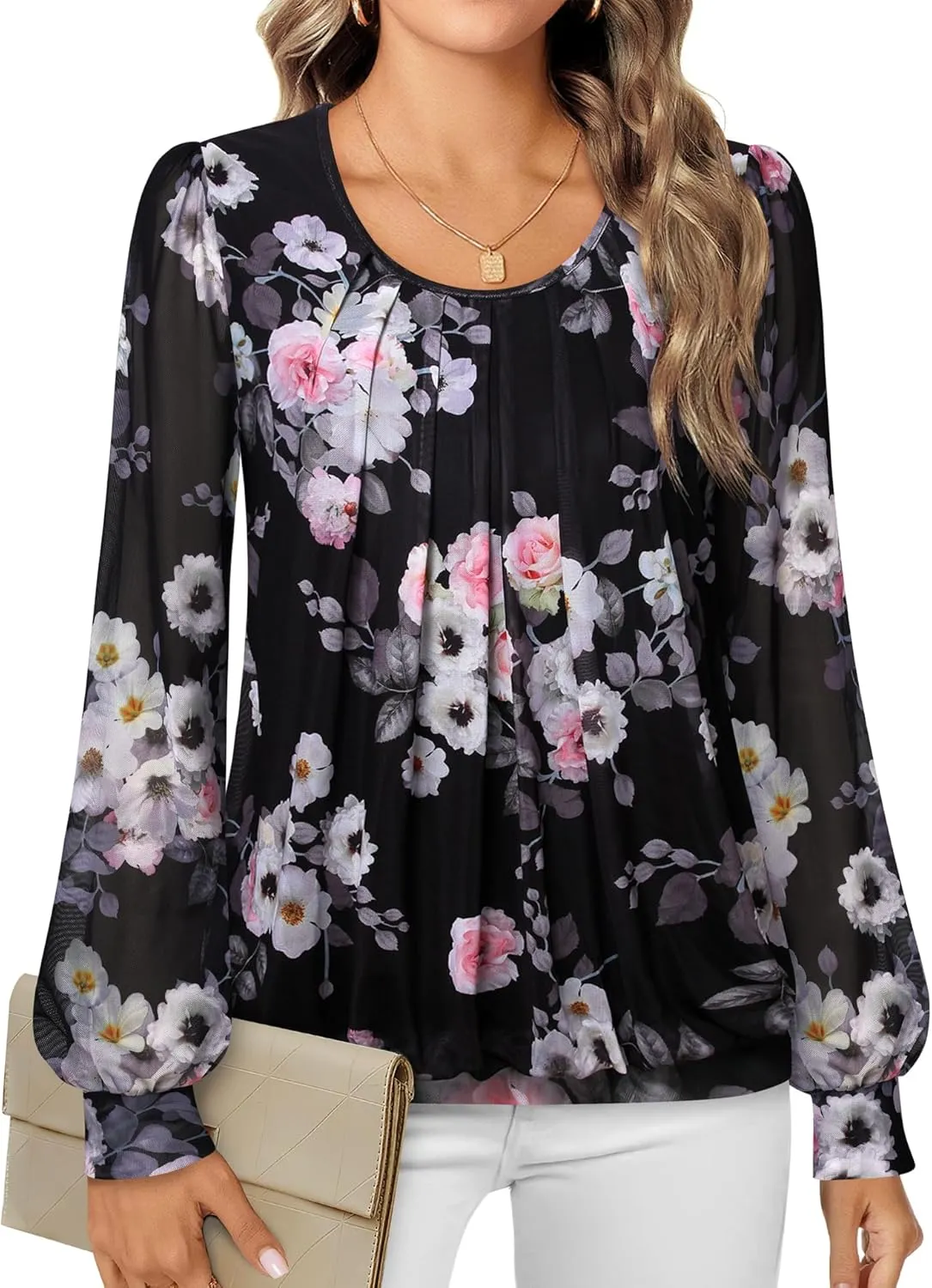 Timeson Women's Long Sleeve Scoop Neck Pleated Front Fitted Blouse Tops