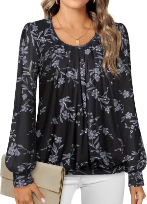 Timeson Women's Long Sleeve Scoop Neck Pleated Front Fitted Blouse Tops