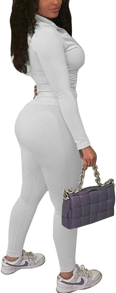 TOPSRANI Womens Two Piece Outfits Bodycon Tracksuit Striped Sweatsuits Ribbed Solid Jogger Workout Lounge Long Pant Sets