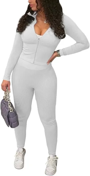 TOPSRANI Womens Two Piece Outfits Bodycon Tracksuit Striped Sweatsuits Ribbed Solid Jogger Workout Lounge Long Pant Sets
