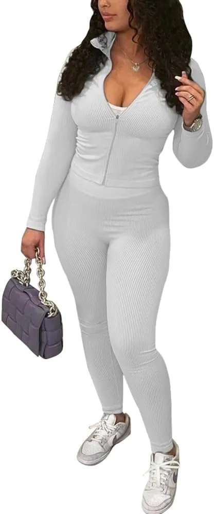 TOPSRANI Womens Two Piece Outfits Bodycon Tracksuit Striped Sweatsuits Ribbed Solid Jogger Workout Lounge Long Pant Sets