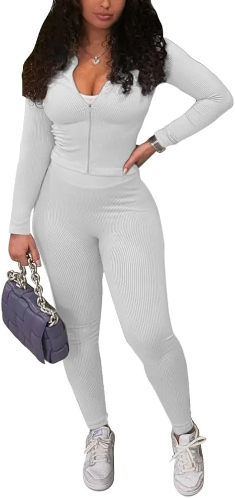TOPSRANI Womens Two Piece Outfits Bodycon Tracksuit Striped Sweatsuits Ribbed Solid Jogger Workout Lounge Long Pant Sets