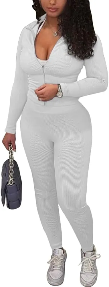 TOPSRANI Womens Two Piece Outfits Bodycon Tracksuit Striped Sweatsuits Ribbed Solid Jogger Workout Lounge Long Pant Sets