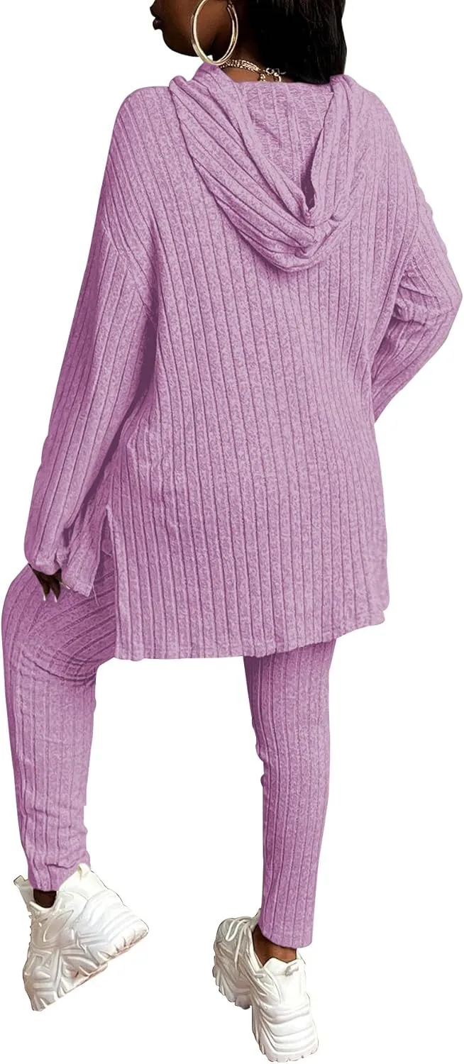 TOPSRANI Womens Two Piece Outfits Tracksuit Casual Sweatsuits Hoodie Solid Ribbed Long Sleeve Pullover Lounge Pant Sets