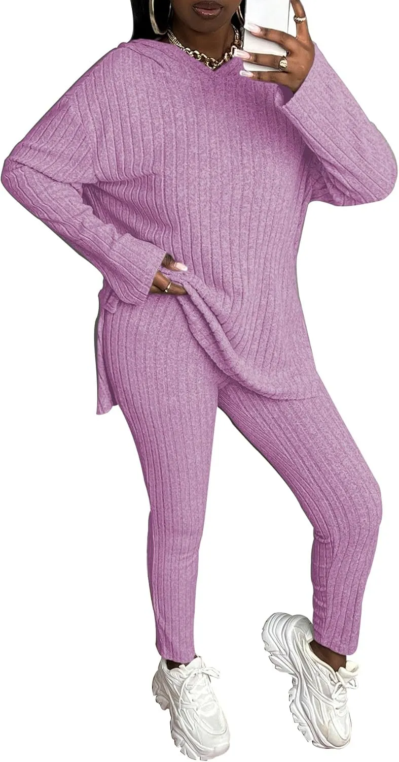 TOPSRANI Womens Two Piece Outfits Tracksuit Casual Sweatsuits Hoodie Solid Ribbed Long Sleeve Pullover Lounge Pant Sets