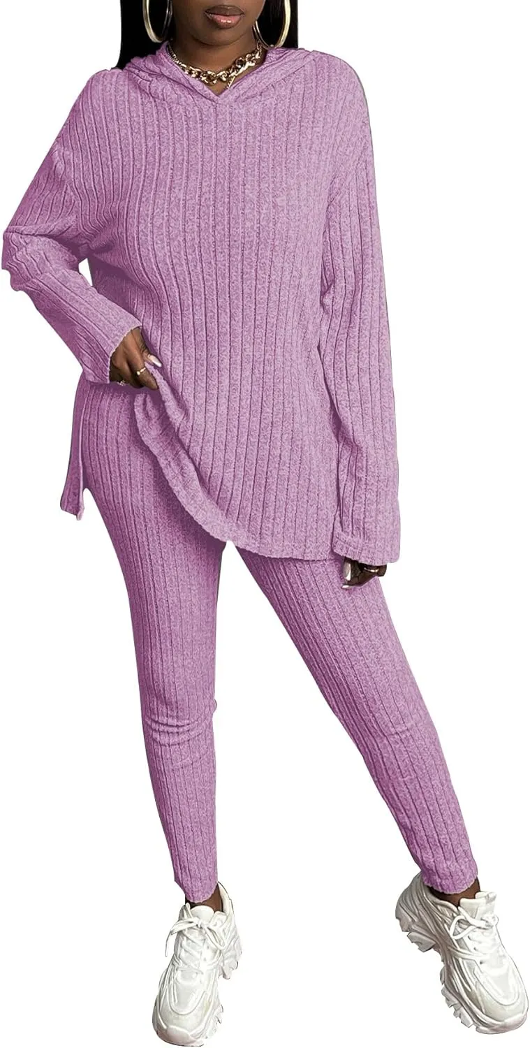 TOPSRANI Womens Two Piece Outfits Tracksuit Casual Sweatsuits Hoodie Solid Ribbed Long Sleeve Pullover Lounge Pant Sets