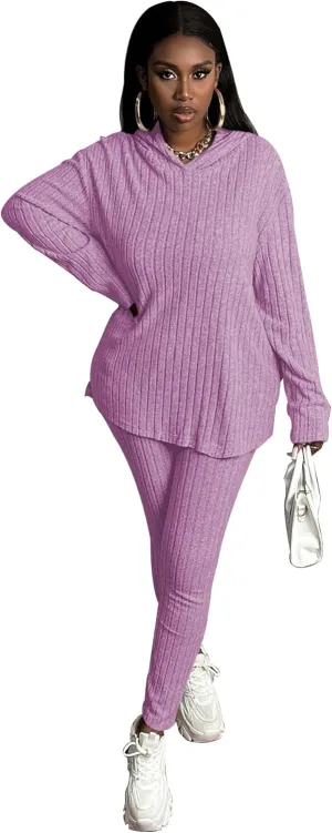 TOPSRANI Womens Two Piece Outfits Tracksuit Casual Sweatsuits Hoodie Solid Ribbed Long Sleeve Pullover Lounge Pant Sets