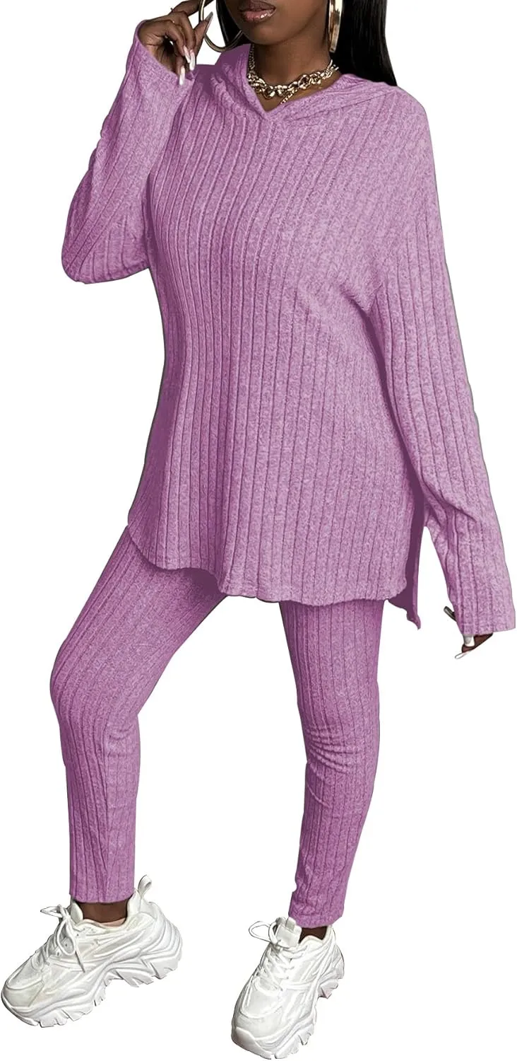 TOPSRANI Womens Two Piece Outfits Tracksuit Casual Sweatsuits Hoodie Solid Ribbed Long Sleeve Pullover Lounge Pant Sets