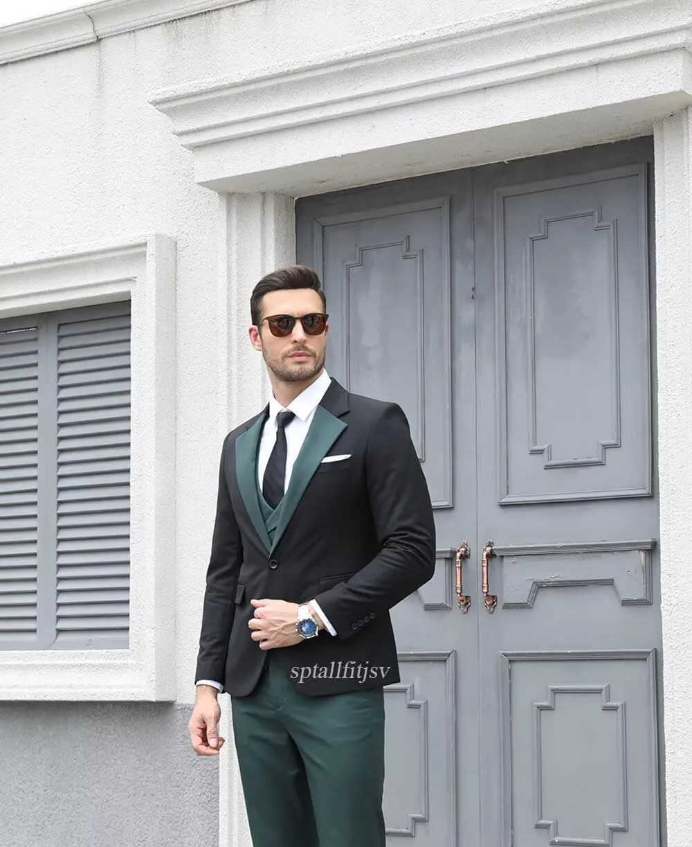 Tuxedo 3 Piece Men's Suit Slim Fit Blazer Jacket Vest Pants Set for Prom Formal One Button Tux Suits
