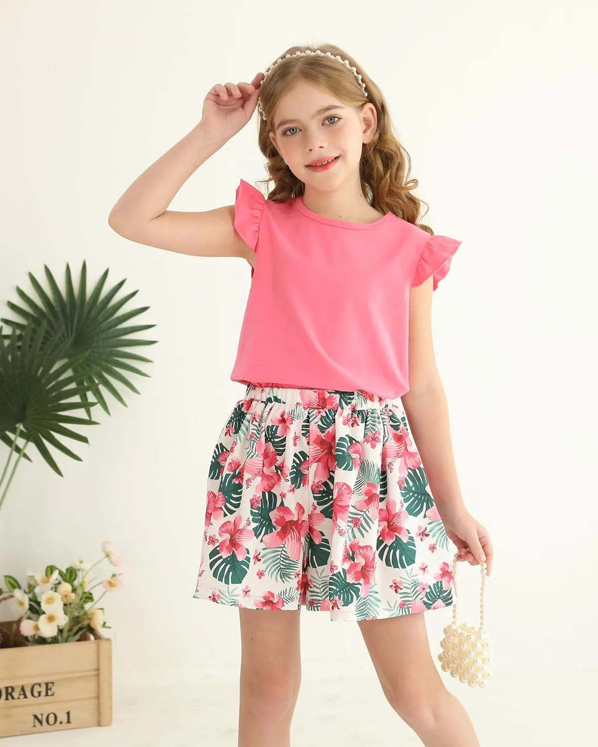 Tween Girl Summer Outfits Kid Clothes Cap Sleeve T-Shirt Wide Leg Hawaiian Beach Shorts Holiday Clothing Set 8-12
