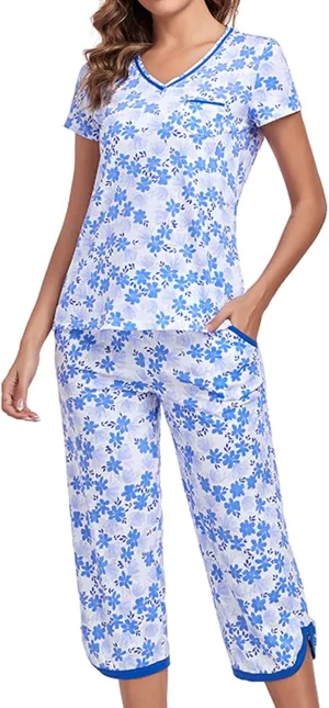 Two Piece Outfits Womens Pajamas Short Sleeve Sleepwear Tops and Capri Pants Pjs Print Pajama Sets