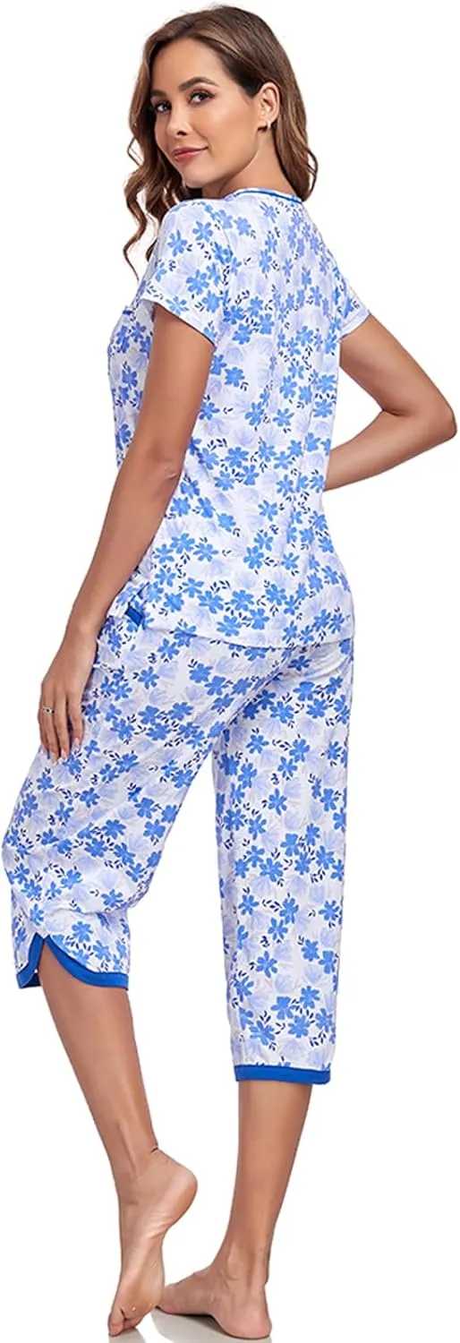 Two Piece Outfits Womens Pajamas Short Sleeve Sleepwear Tops and Capri Pants Pjs Print Pajama Sets