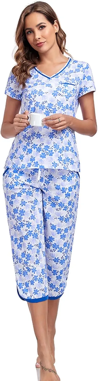 Two Piece Outfits Womens Pajamas Short Sleeve Sleepwear Tops and Capri Pants Pjs Print Pajama Sets