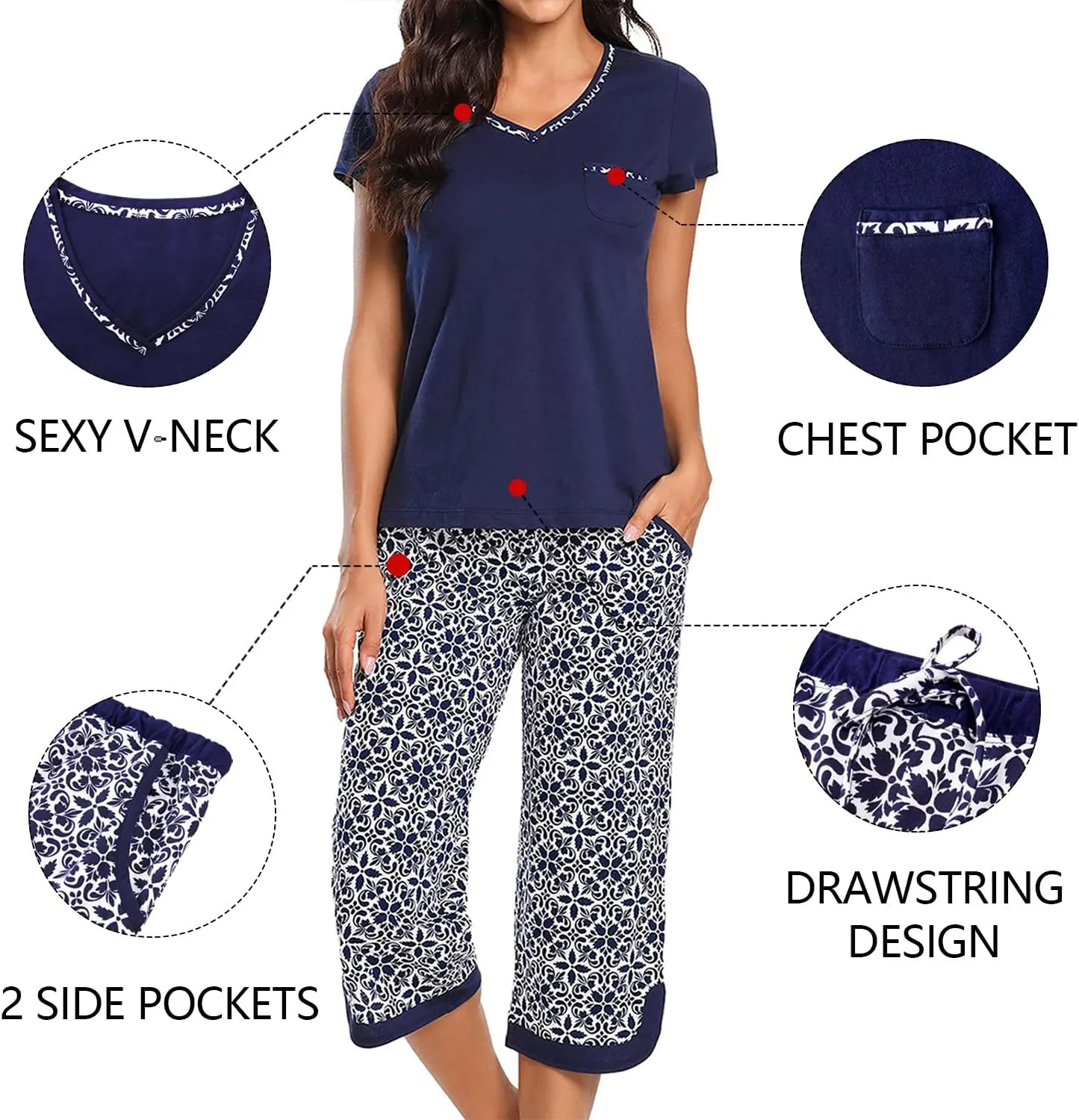 Two Piece Outfits Womens Pajamas Short Sleeve Sleepwear Tops and Capri Pants Pjs Print Pajama Sets