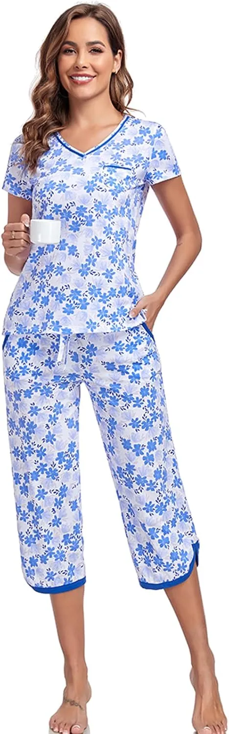 Two Piece Outfits Womens Pajamas Short Sleeve Sleepwear Tops and Capri Pants Pjs Print Pajama Sets