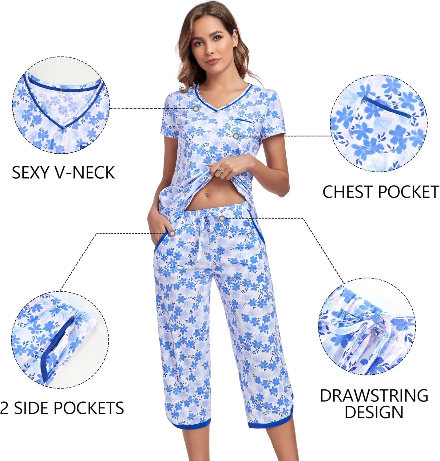 Two Piece Outfits Womens Pajamas Short Sleeve Sleepwear Tops and Capri Pants Pjs Print Pajama Sets