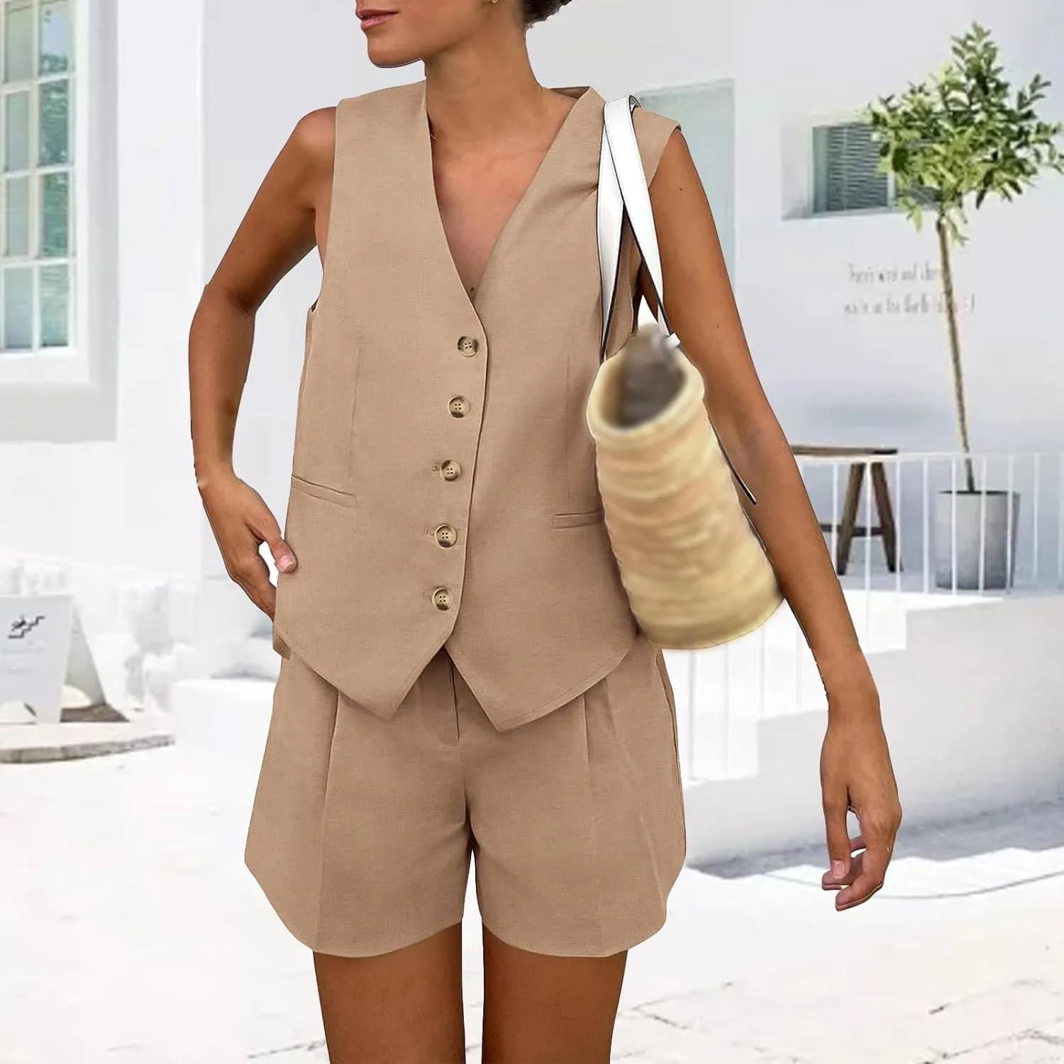Two Piece Sets for Women Sleeveless Button Down Vest Set V Neck Blazer Top Outfits Shorts Matching Sets with Pockets