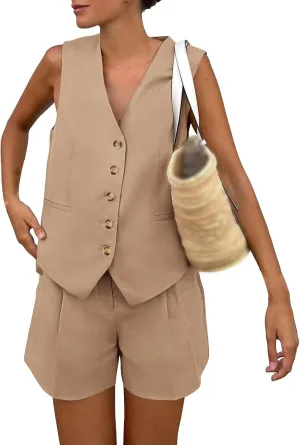 Two Piece Sets for Women Sleeveless Button Down Vest Set V Neck Blazer Top Outfits Shorts Matching Sets with Pockets