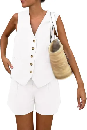 Two Piece Sets for Women Sleeveless Button Down Vest Set V Neck Blazer Top Outfits Shorts Matching Sets with Pockets