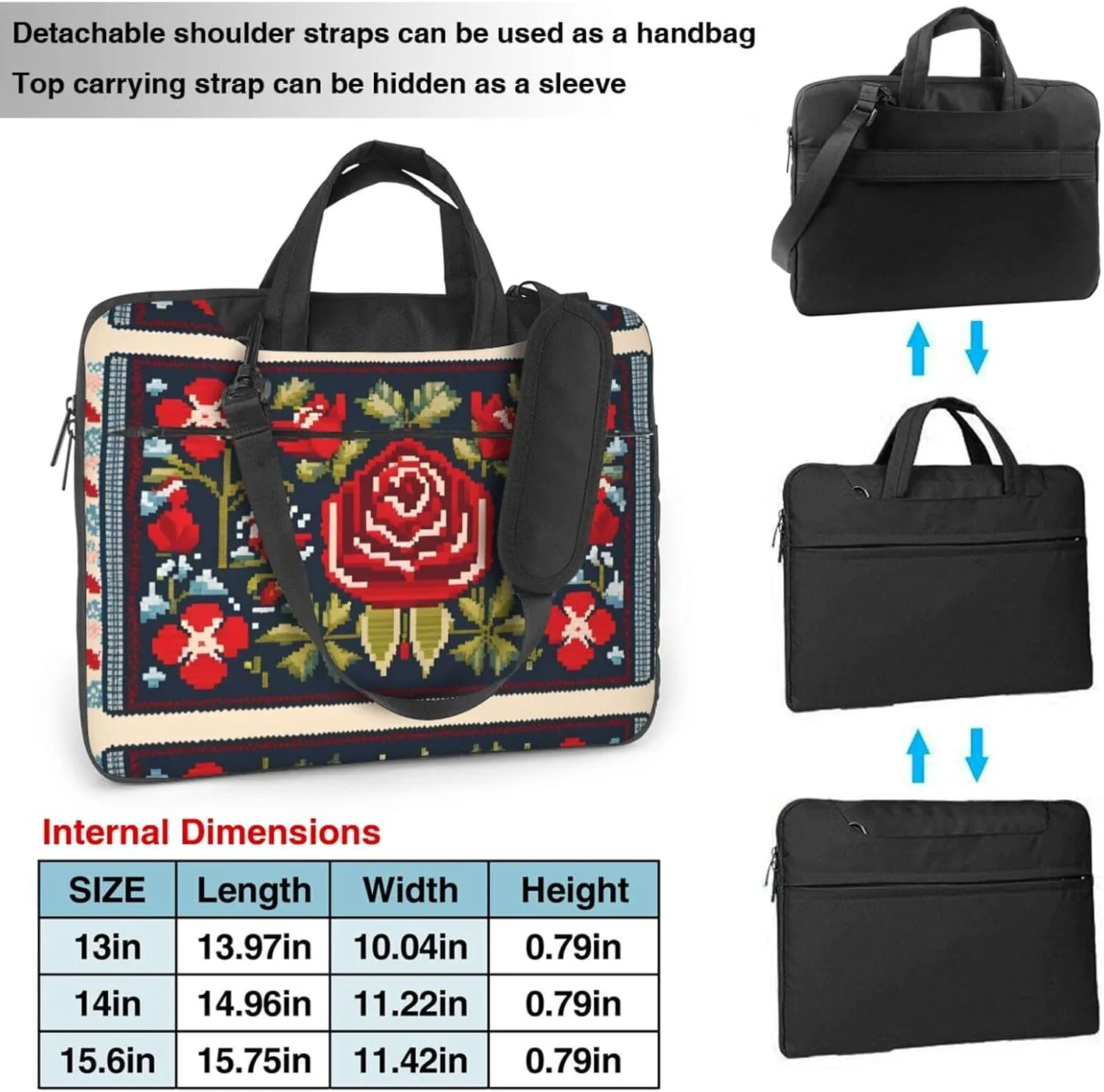 Ukrainian Embroidery Style Rose pattern Fashionable and ultra-thin shoulder laptop bag Shockproof soft lining