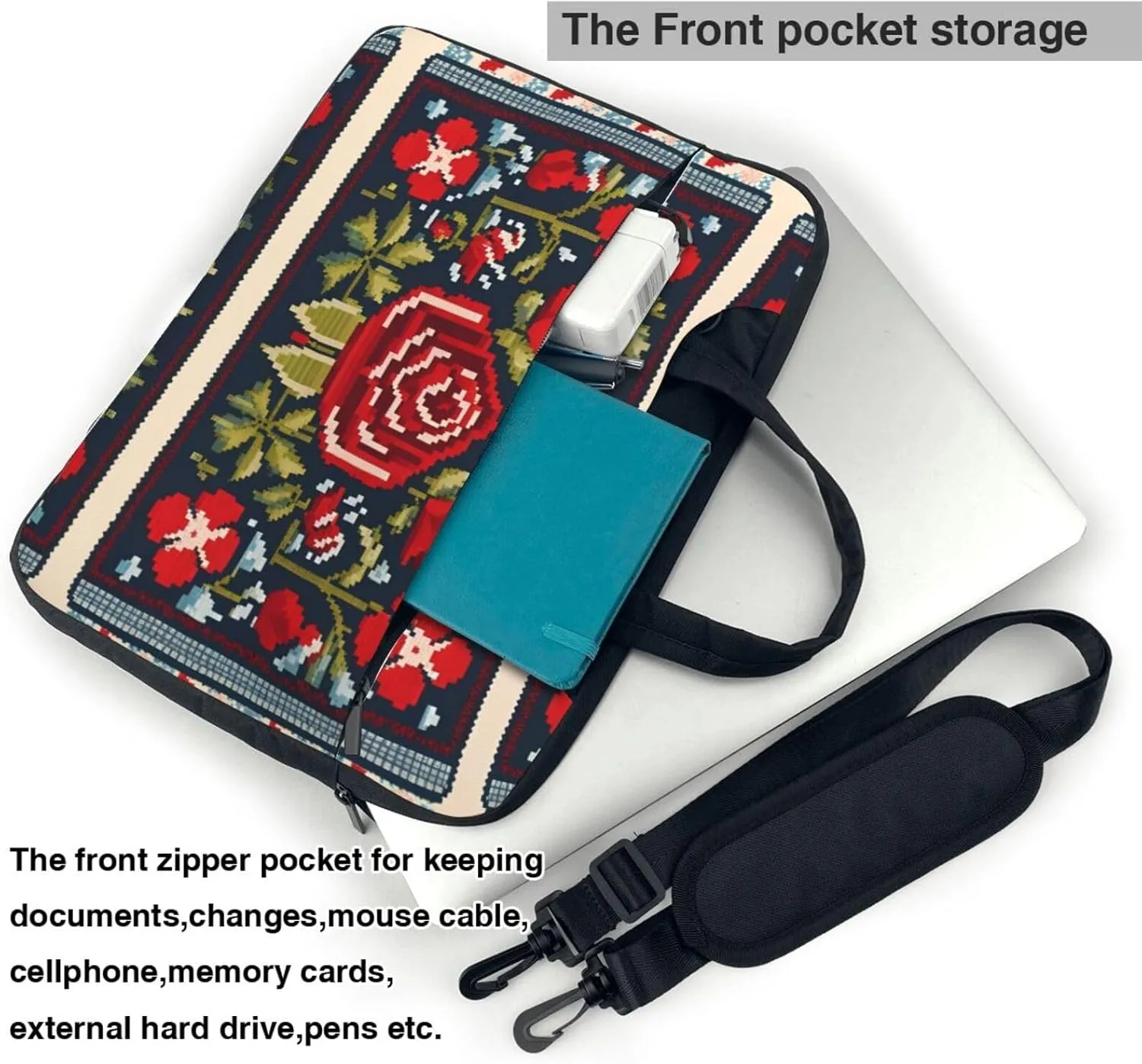 Ukrainian Embroidery Style Rose pattern Fashionable and ultra-thin shoulder laptop bag Shockproof soft lining