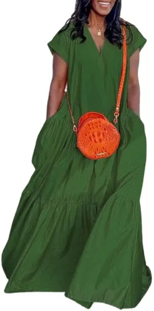 UOOZEE Women's Summer Short Sleeve V Neck Tiered Maxi Dress Flowy Loose Fit 2025 Boho Beach Dress with Pockets