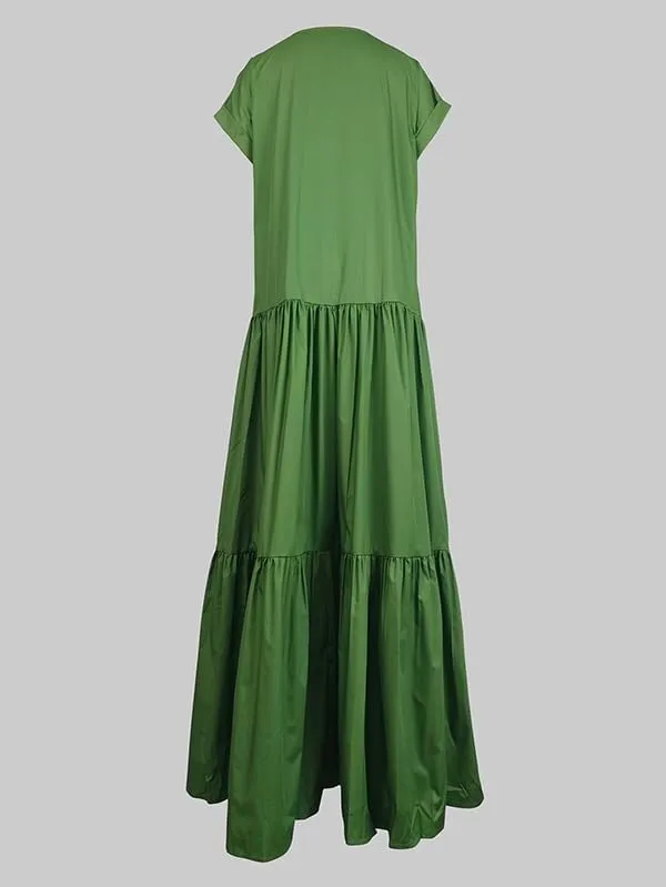 UOOZEE Women's Summer Short Sleeve V Neck Tiered Maxi Dress Flowy Loose Fit 2025 Boho Beach Dress with Pockets