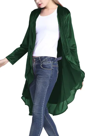 Urban CoCo Women's Long Sleeve Velvet Cardigan Coat with Asymmetric Chiffon Hem