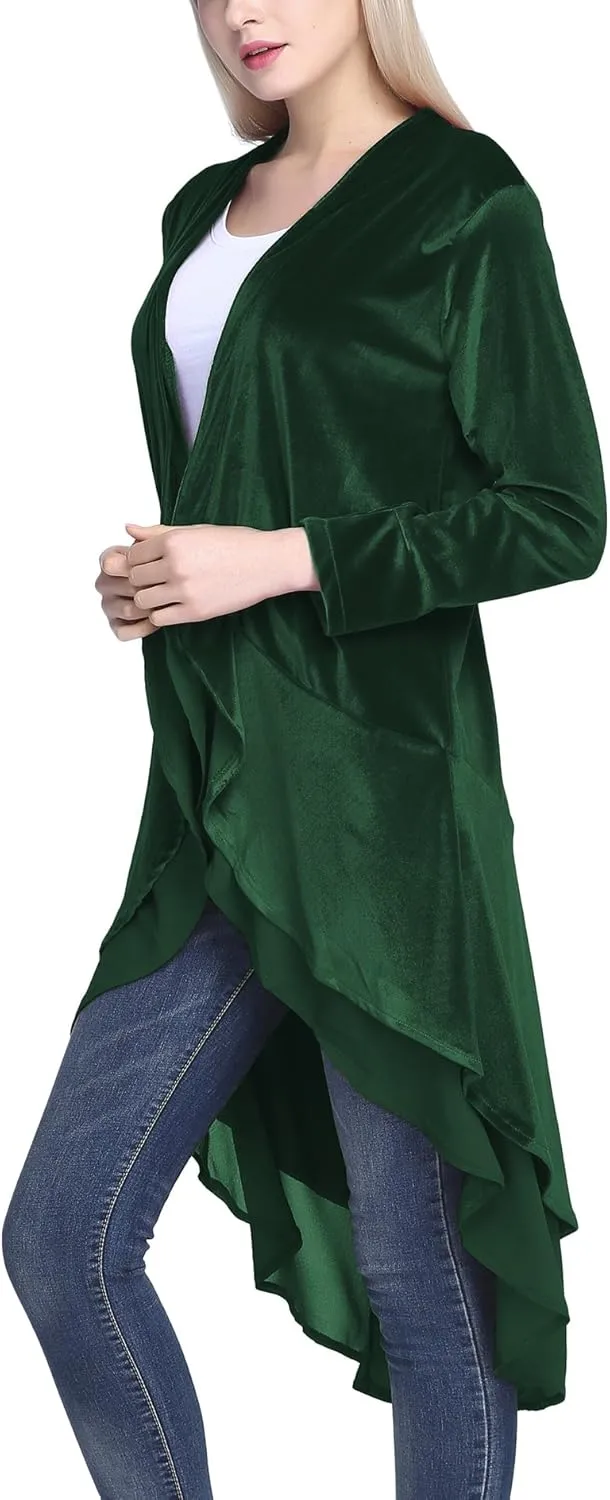 Urban CoCo Women's Long Sleeve Velvet Cardigan Coat with Asymmetric Chiffon Hem