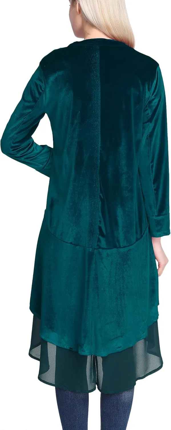 Urban CoCo Women's Long Sleeve Velvet Cardigan Coat with Asymmetric Chiffon Hem