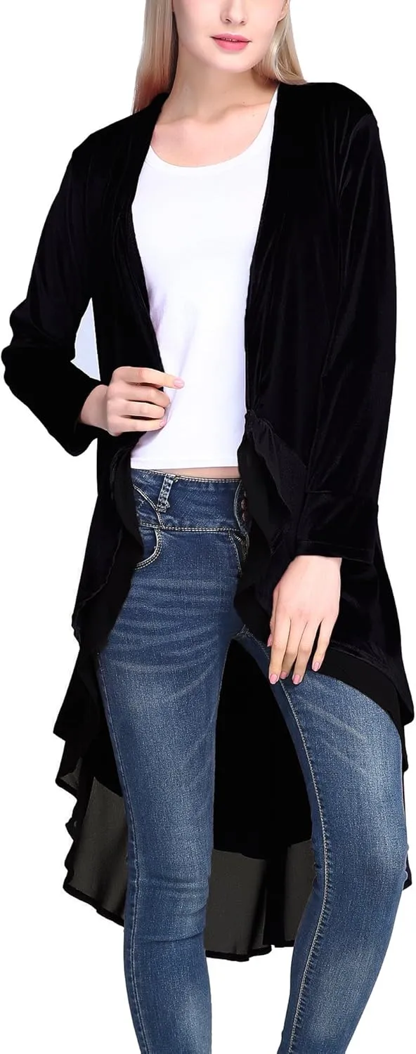 Urban CoCo Women's Long Sleeve Velvet Cardigan Coat with Asymmetric Chiffon Hem