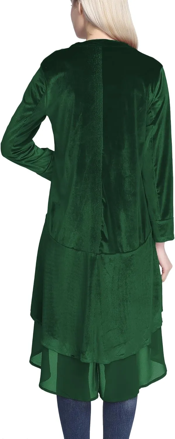 Urban CoCo Women's Long Sleeve Velvet Cardigan Coat with Asymmetric Chiffon Hem