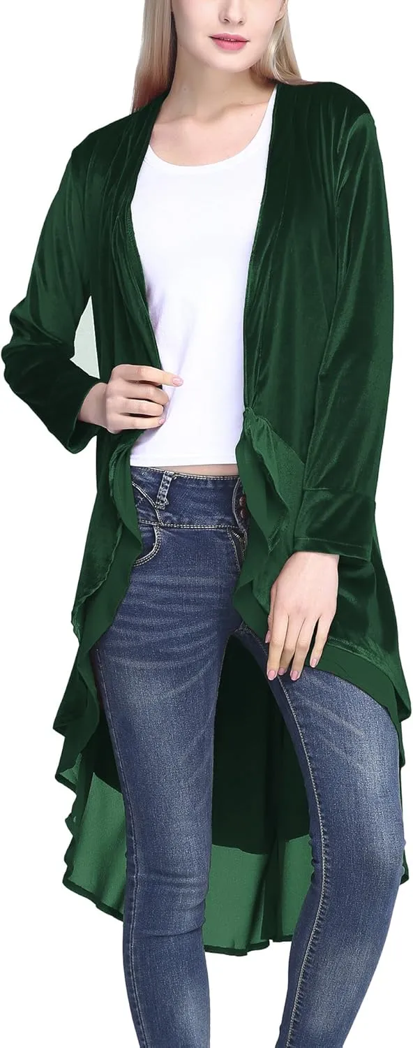 Urban CoCo Women's Long Sleeve Velvet Cardigan Coat with Asymmetric Chiffon Hem