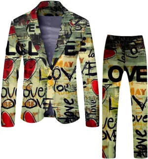 Valentine's Day Suit for Men Heart Printing 2 Piece One Button Peak Lapel Suit Jacket Wedding Prom Dress Outfit