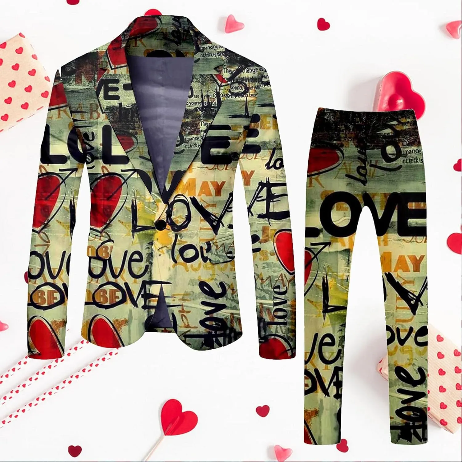 Valentine's Day Suit for Men Heart Printing 2 Piece One Button Peak Lapel Suit Jacket Wedding Prom Dress Outfit