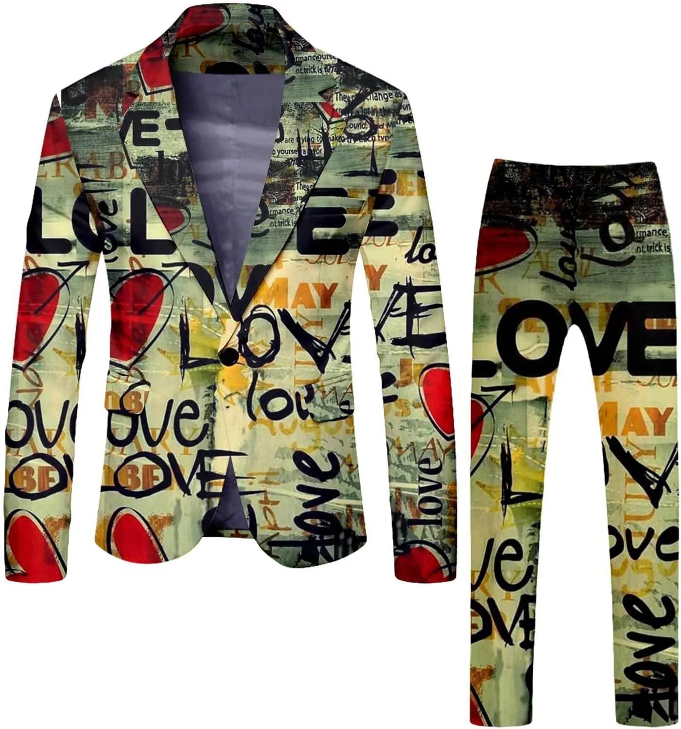 Valentine's Day Suit for Men Heart Printing 2 Piece One Button Peak Lapel Suit Jacket Wedding Prom Dress Outfit