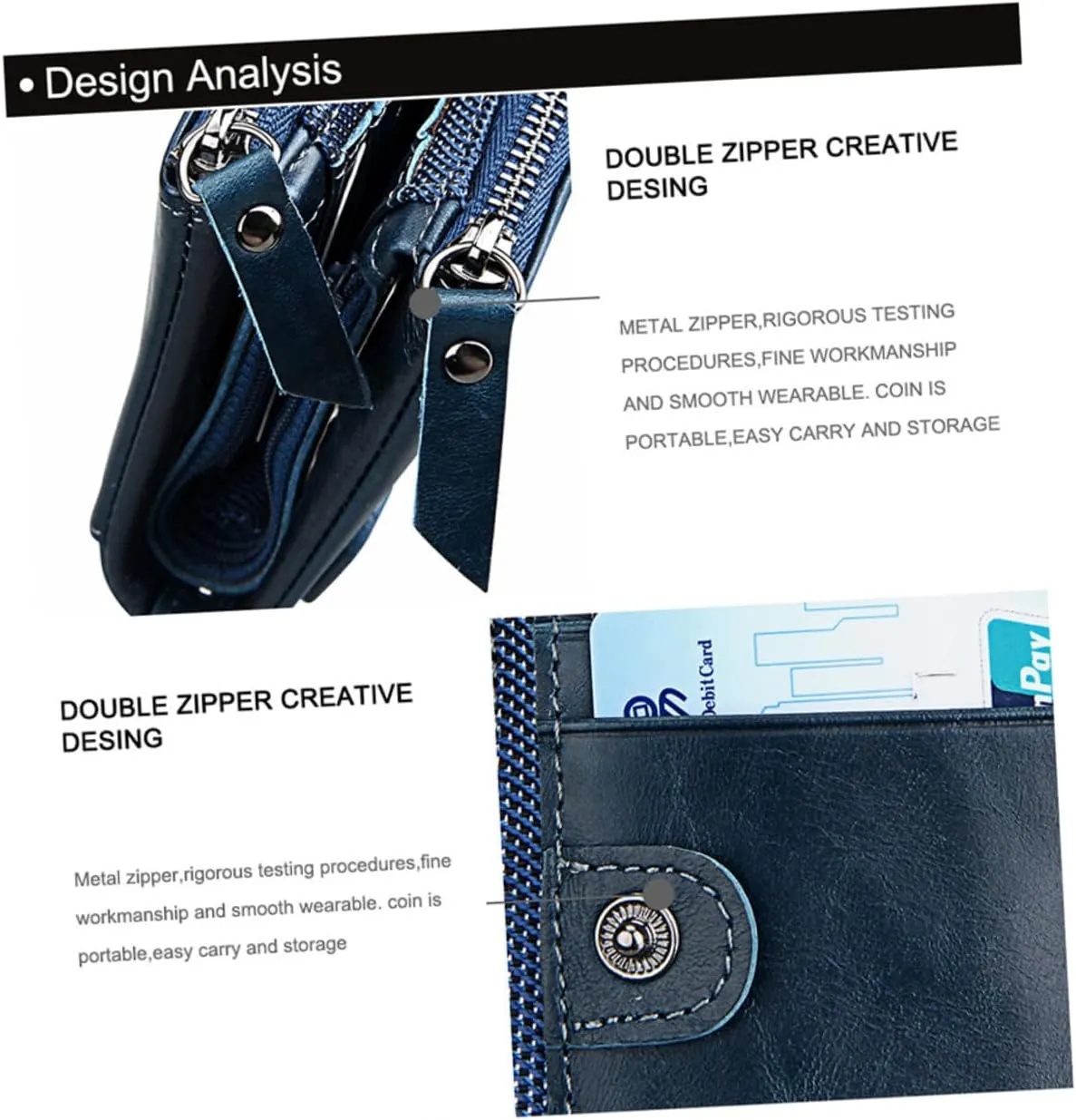 VALICLUD Leather Wallet for Men Zipper Blocking Coin Purse Fashionable Briefcase for Male