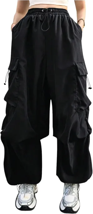 Verdusa Women's Plus Size Cargo Pants Drawstring High Waist Flap Pocket Loose Trousers
