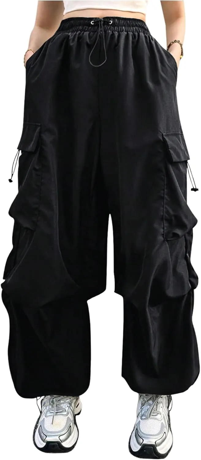 Verdusa Women's Plus Size Cargo Pants Drawstring High Waist Flap Pocket Loose Trousers