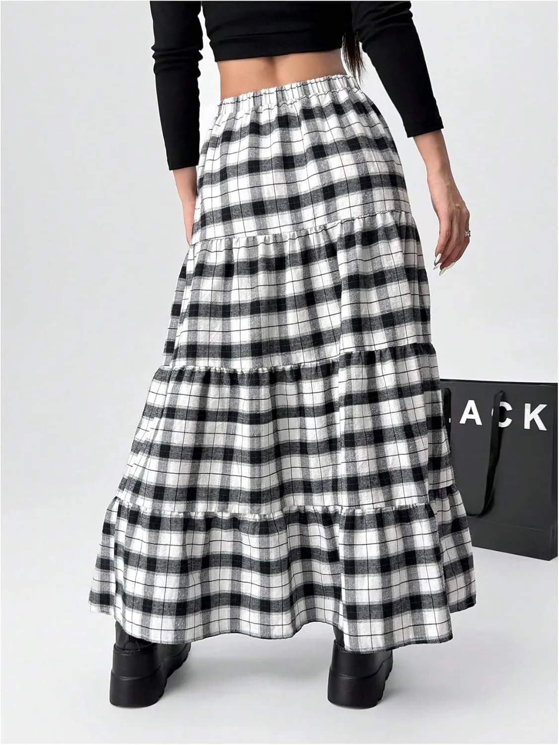 Verdusa Women's Y2k Tiered Plaid Low Rise Maxi Skirt Split Thigh Ruffle Flowy Long Skirt