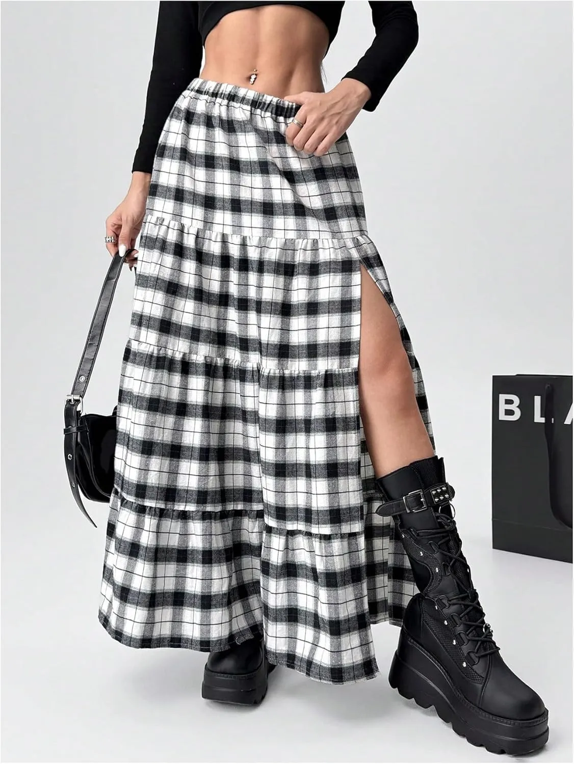 Verdusa Women's Y2k Tiered Plaid Low Rise Maxi Skirt Split Thigh Ruffle Flowy Long Skirt