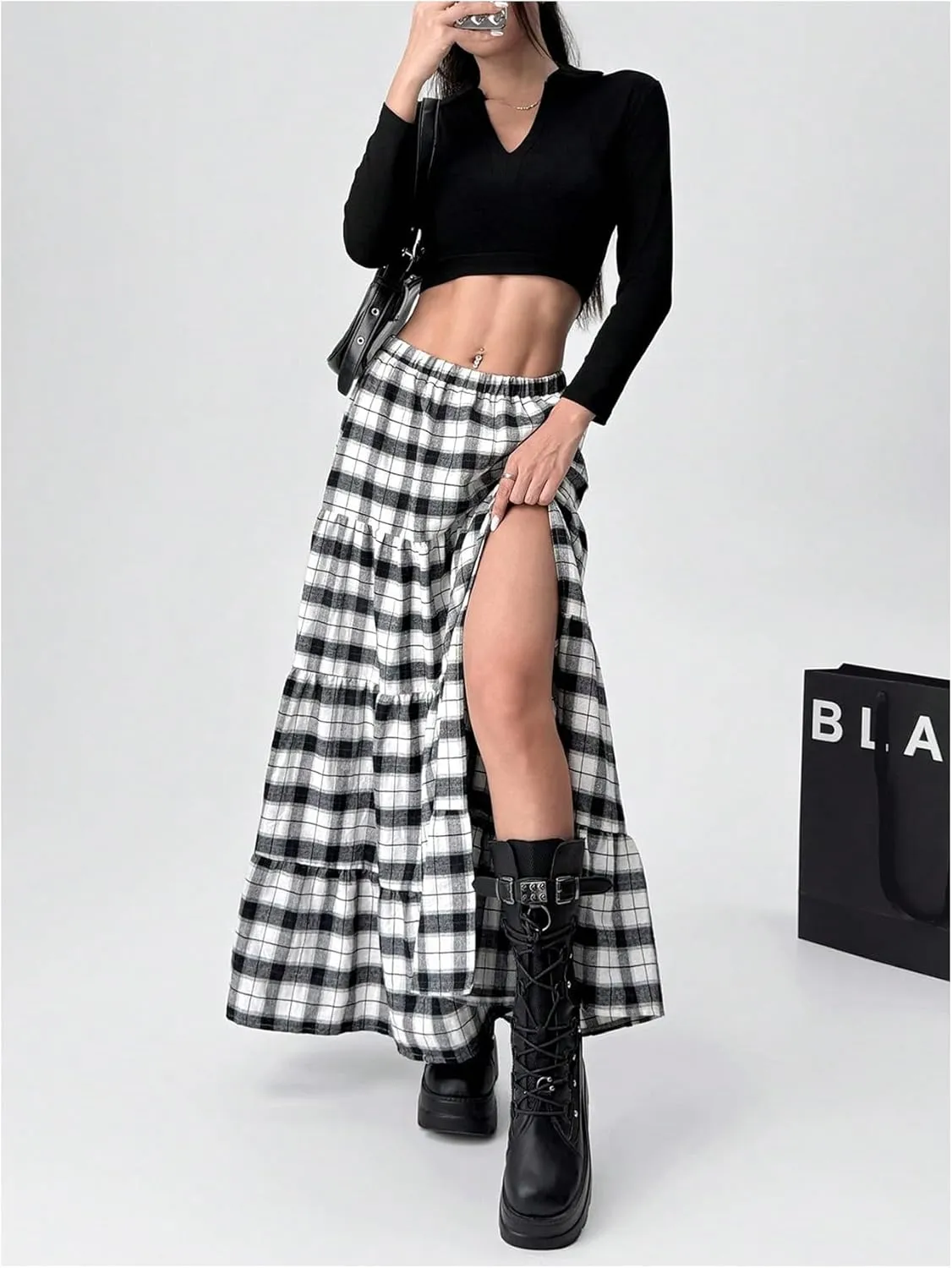 Verdusa Women's Y2k Tiered Plaid Low Rise Maxi Skirt Split Thigh Ruffle Flowy Long Skirt