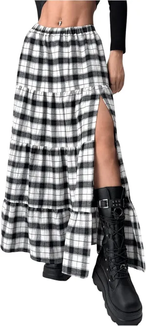 Verdusa Women's Y2k Tiered Plaid Low Rise Maxi Skirt Split Thigh Ruffle Flowy Long Skirt