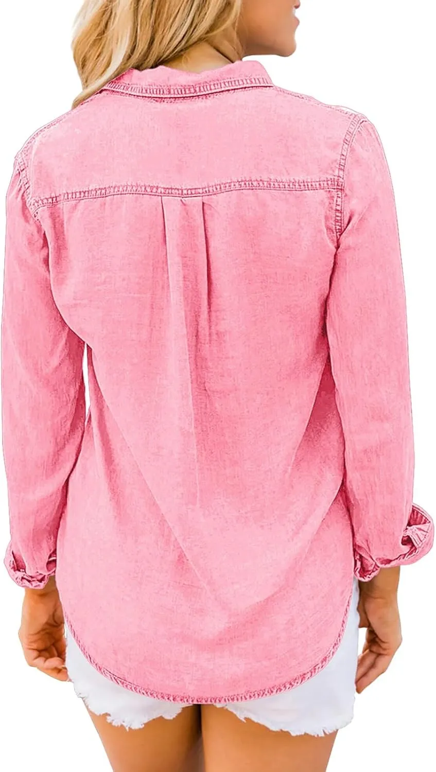 Vetinee Women's Button Down Denim Shirt Collared Casual Long Sleeve Pocket Tops