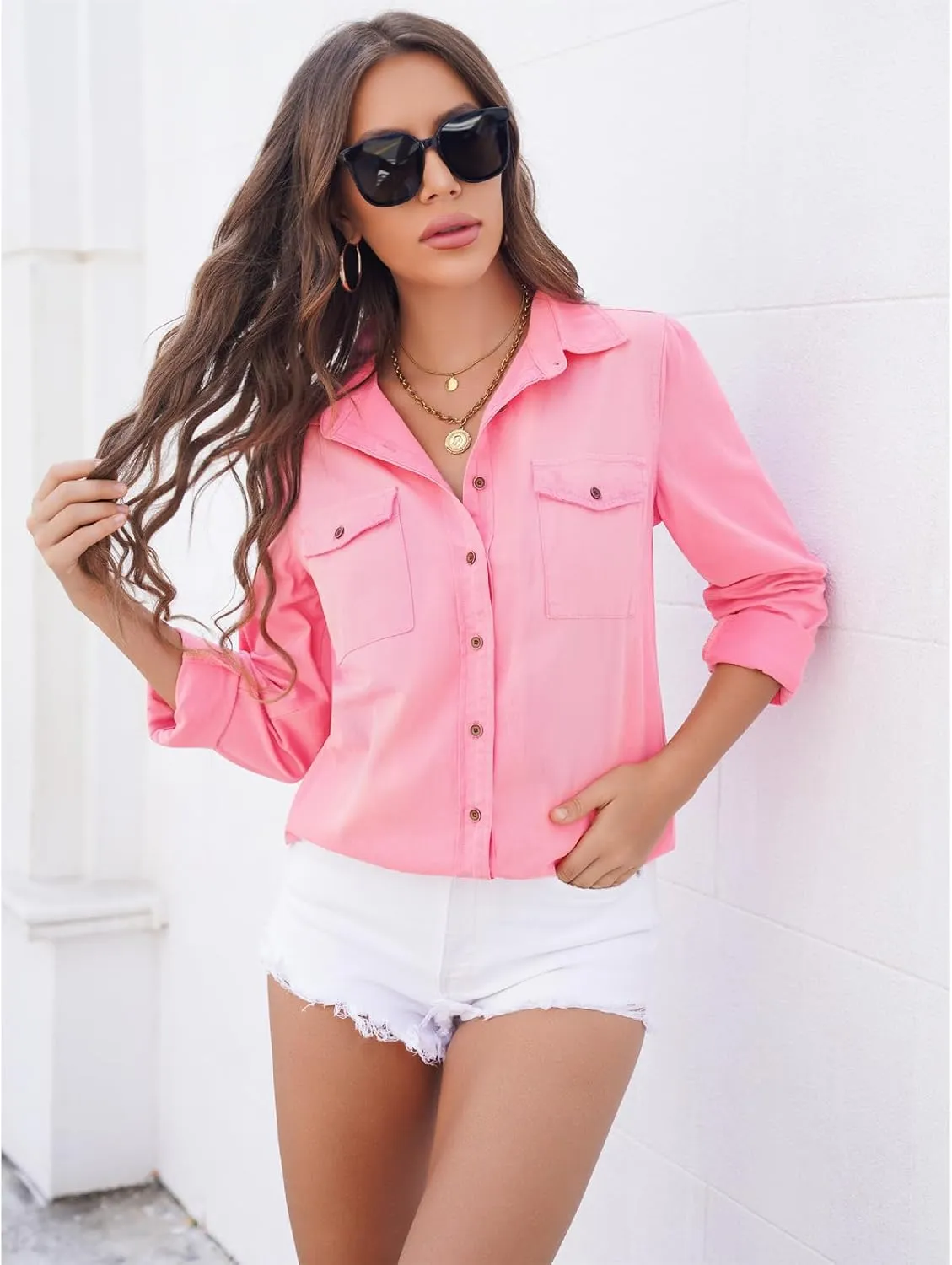 Vetinee Women's Button Down Denim Shirt Collared Casual Long Sleeve Pocket Tops