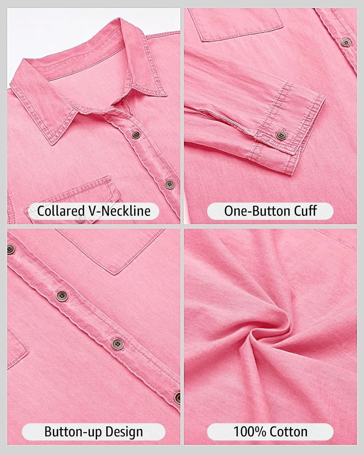 Vetinee Women's Button Down Denim Shirt Collared Casual Long Sleeve Pocket Tops