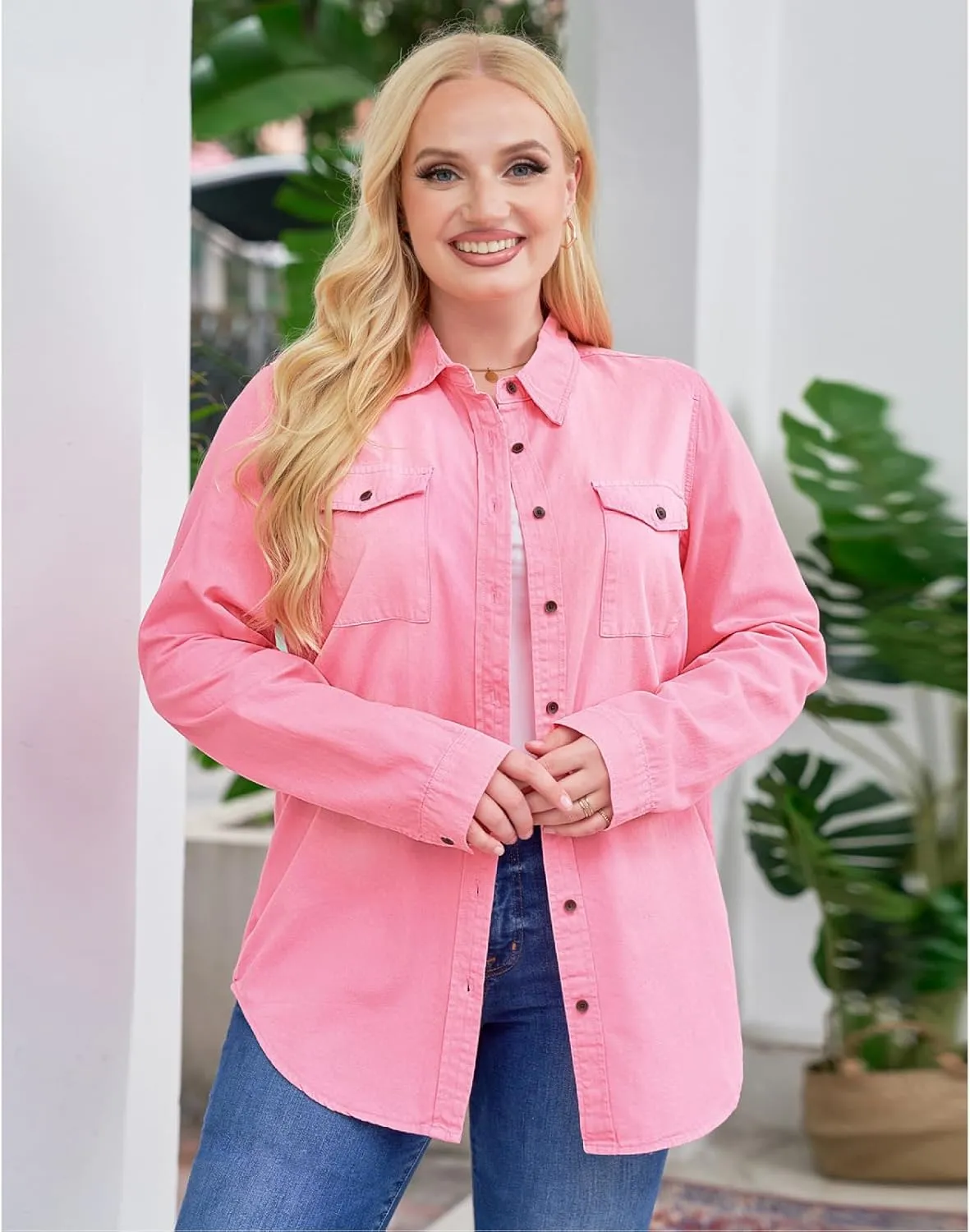 Vetinee Women's Button Down Denim Shirt Collared Casual Long Sleeve Pocket Tops