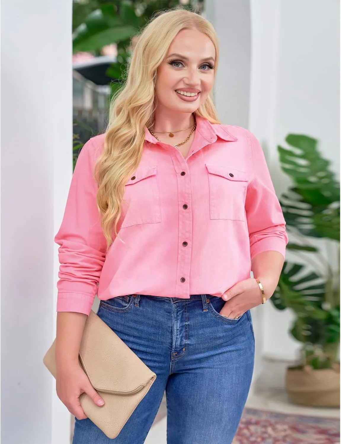 Vetinee Women's Button Down Denim Shirt Collared Casual Long Sleeve Pocket Tops