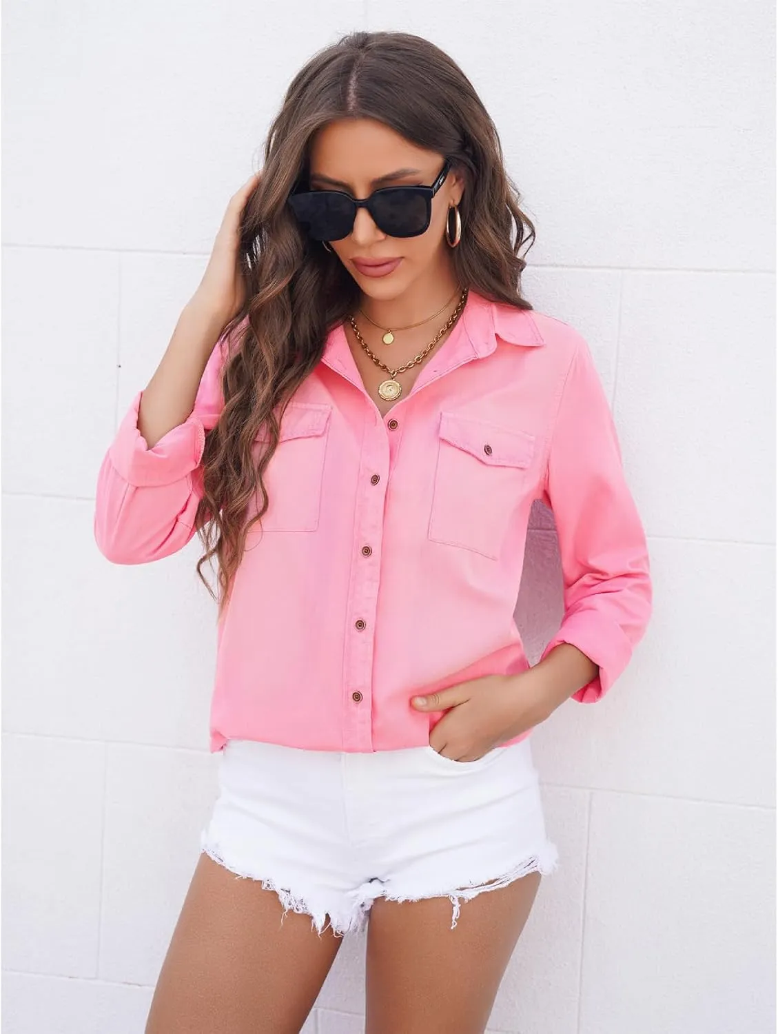 Vetinee Women's Button Down Denim Shirt Collared Casual Long Sleeve Pocket Tops