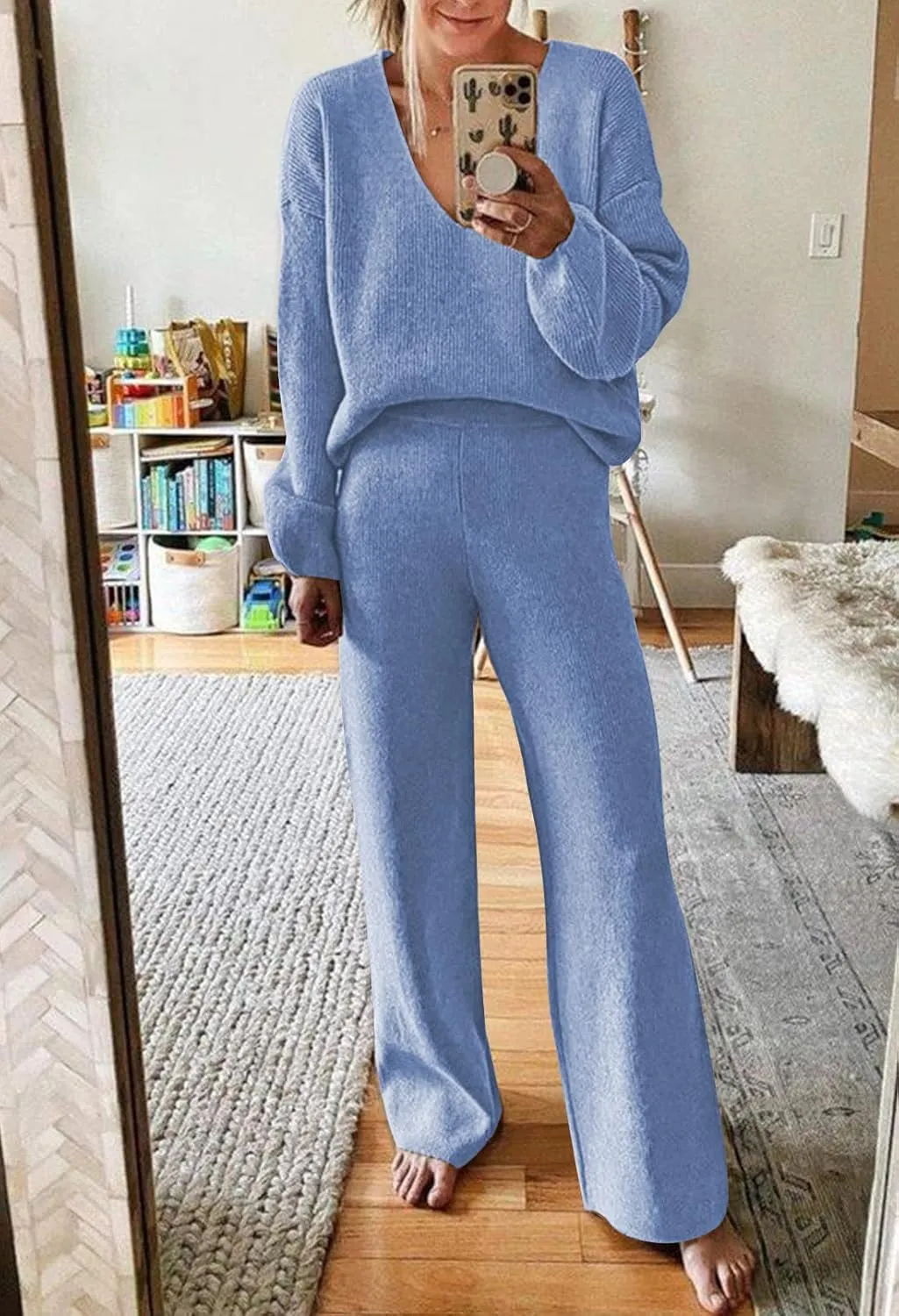 Viottiset Women's 2 Piece Outfits Casual V Neck Knit Wide Leg Sweater Lounge Set Sweatsuit